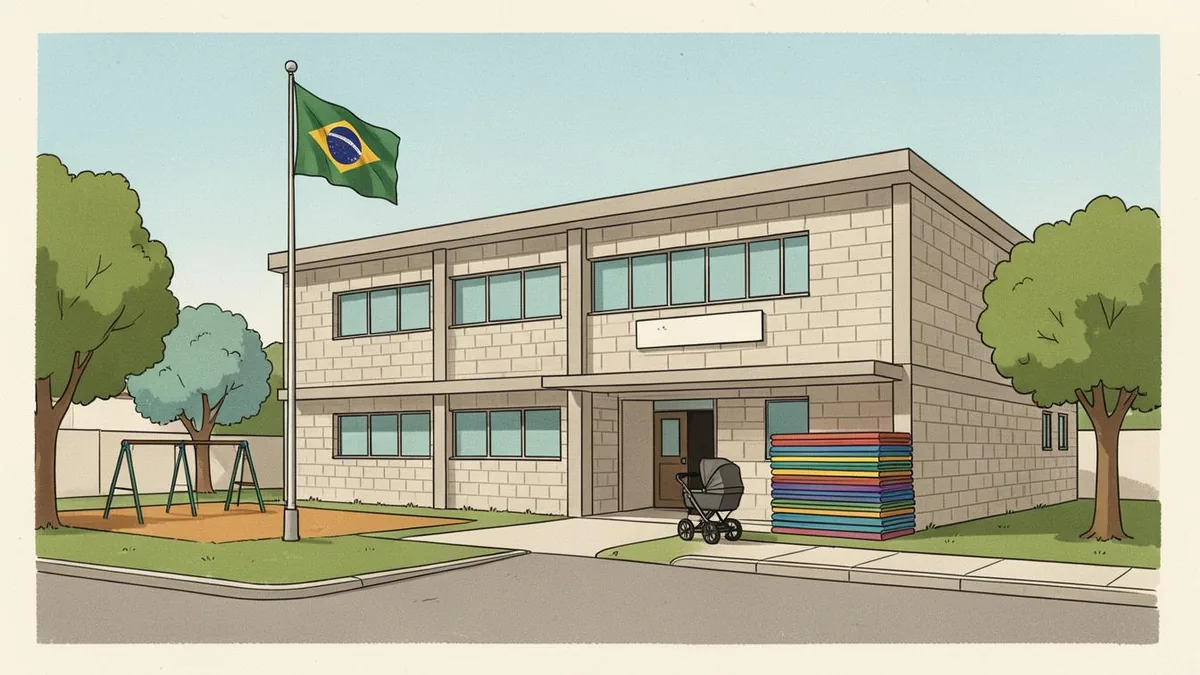 Ilustração editorial: escola municipal de educação infantil com berçário, período integral