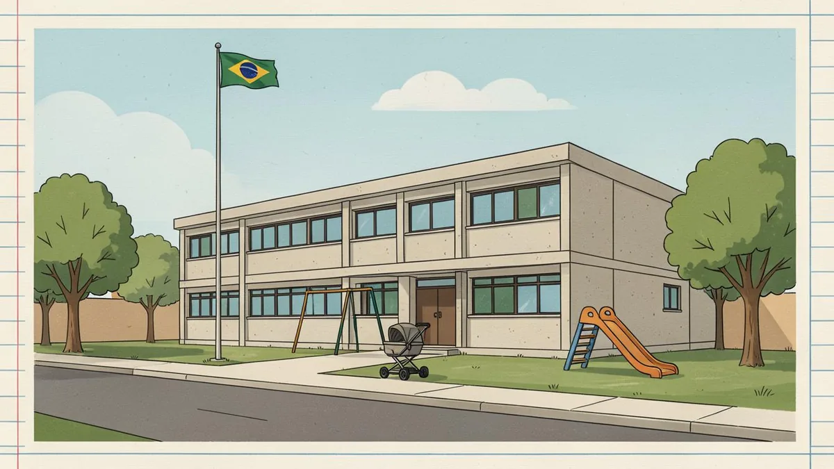 Ilustração editorial: escola municipal de educação infantil com berçário e pré-escola