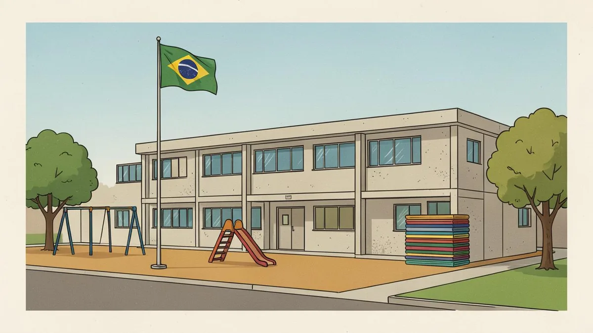 Ilustração editorial: escola municipal de educação infantil com pré-escola, período integral