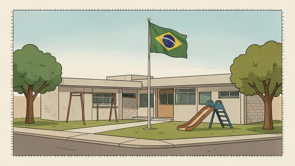 Ilustração editorial: escola municipal de educação infantil com pré-escola